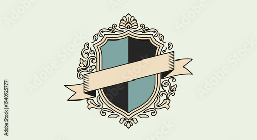 Ornate Shield Crest with Ribbon Banner Emblem.