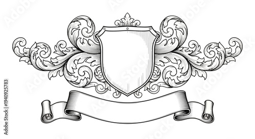 Ornate Shield Crest with Scroll Banner.