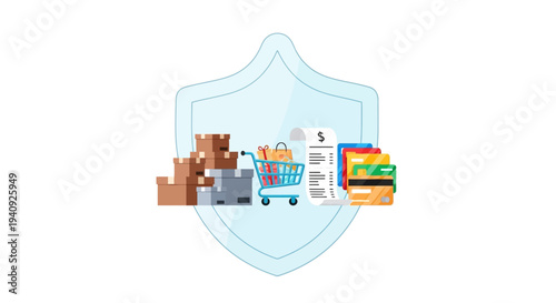 A colorful vector illustration of a shield protecting online shopping transactions on World Consumer Rights Day with a focus on e-commerce security and buyer rights.