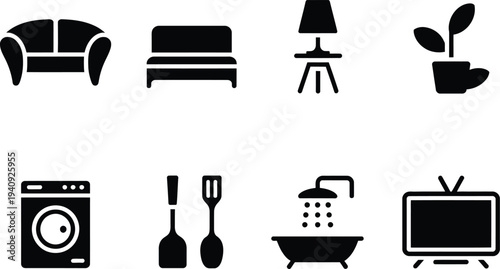 Home interior furniture and appliance icons including sofa lamp washing machine TV bathtub