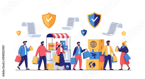 Colorful vector illustration of people engaging in online shopping and transactions with icons representing consumer rights and security on World Consumer Rights Day.