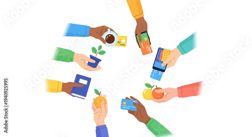 Colorful illustration of diverse hands holding items for online shopping and transactions on World Consumer Rights Day, symbolizing e-commerce and consumer rights.