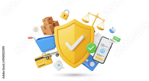 Colorful vector illustration of a shield with a checkmark surrounded by online shopping and transaction security icons on World Consumer Rights Day, symbolizing e-commerce protection and