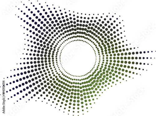 Halftone circle pattern expanding outwards with gradient color transition and transparent background