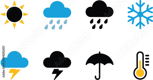 Colorful weather forecast icons depicting sun rain clouds lightning snowflake umbrella thermometer wind