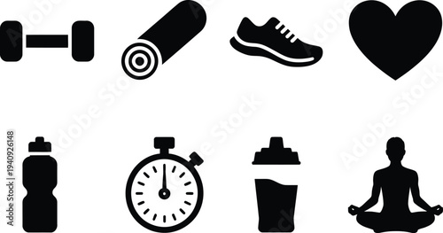 Fitness equipment icons set including dumbbell yoga mat shoe heart water bottle stopwatch