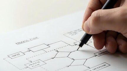 Hand drawing business process flowchart diagram with pen on white paper showing workflow steps and decision points for project management planning.