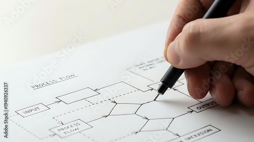 Hand drawing business process flowchart diagram with pen on white paper showing workflow steps and decision points for project management planning.