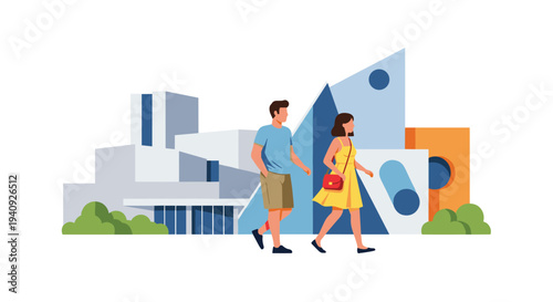 A man and a woman walk past a collection of abstract, angular modern buildings with green bushes on a white background.