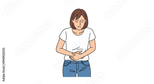 A young woman in a white t-shirt and blue jeans stands against a white background, holding her stomach in discomfort.