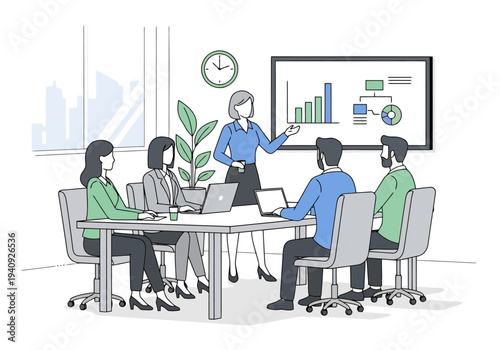 Business Team Attending Presentation Meeting Analyzing Growth Charts and Strategy Flowchart on Board in Modern Office Setting