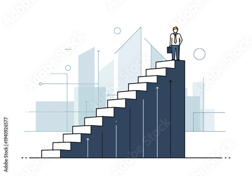 Businessman stands atop elevated staircase looking towards urban cityscape representing career advancement and reaching goals