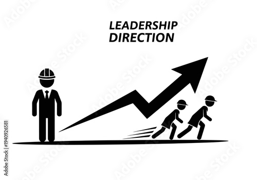 Visionary leader guiding team forward on upward growth arrow representing business success and strategic movement toward goals