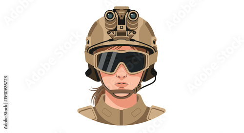 A female soldier is shown in a front-facing close-up, wearing a combat helmet with night vision goggles and tactical glasses.