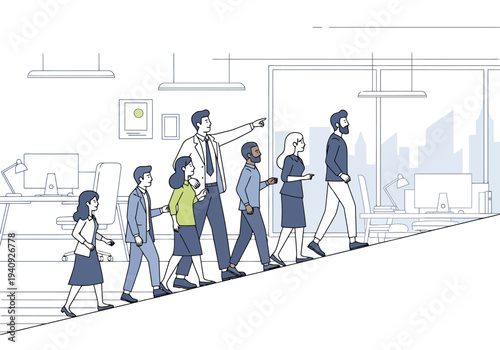 Diverse group of professionals following a leader up an incline in a modern office environment symbolizing teamwork and guidance for business growth