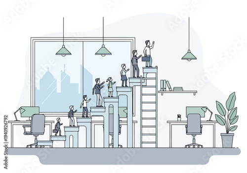 Teamwork and career advancement symbolized by diverse people climbing stairs in a modern office space with city view for business concept