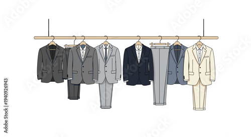 Five men's suits in various colors, including jackets and trousers, hang neatly on hangers from a horizontal rail.