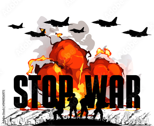 Stop War Vector Sign with Bomb and Explosion Icon