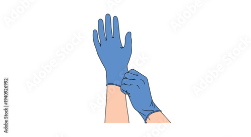 A person's hands are shown in the process of putting on a single blue protective medical glove against a stark white background.