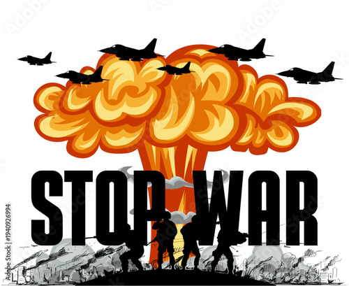 Stop War Vector Sign with Bomb and Explosion Icon