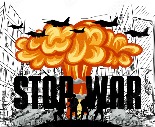 Stop War Vector Sign with Bomb and Explosion Icon