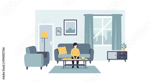 A person in a yellow sweater sits centrally on a blue sofa within a minimalist living room featuring a large window.