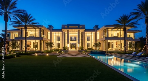 Sprawling grand estate with lit windows and blue pool at night