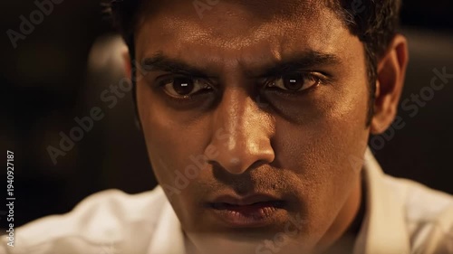 A man with a serious expression on his face.