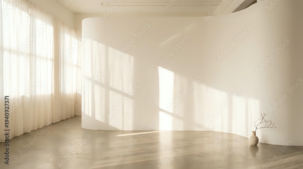 Fototapeta premium Empty minimalist room with large windows casting natural sunlight shadows on white walls and wooden floor for interior design projects.