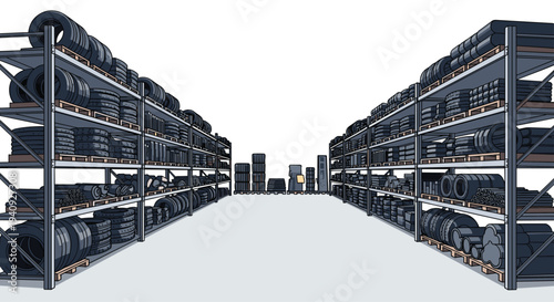 A vast warehouse interior features tall metal shelving units densely packed with numerous dark grey tires and cylindrical objects.
