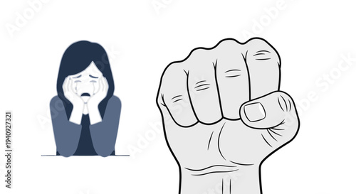 A stylized cartoon illustration depicting a crying woman on the left and a large, light grey clenched fist on the right against a white background.