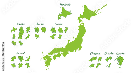 Photos Green Map of Japan with Regional Prefectures Breakdown - Hokkaido, Tohoku, Kanto