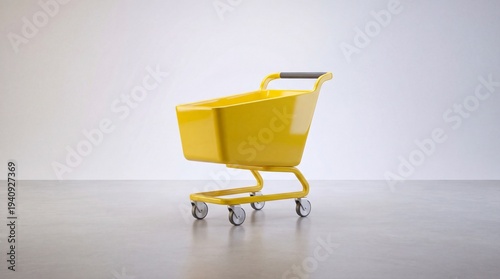 A bright and vibrant yellow shopping cart is positioned in the center of a clean studio