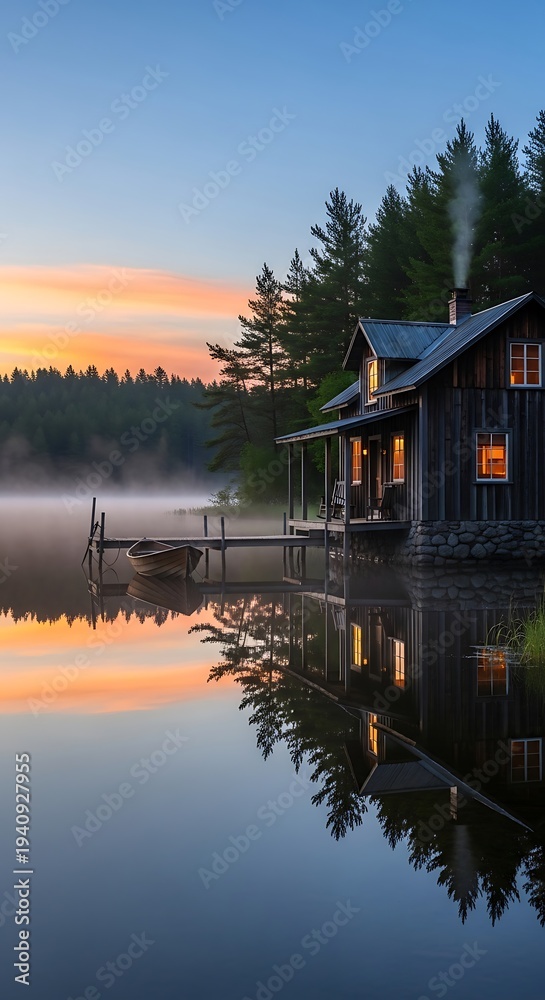 Obraz premium Serene Lakeside Cabin at Dawn with Misty Reflections and Warm Interior Glow.