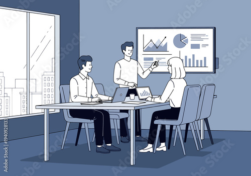 Business professionals collaborate in a modern meeting room presenting data charts and graphs on a large screen using laptops for analysis and