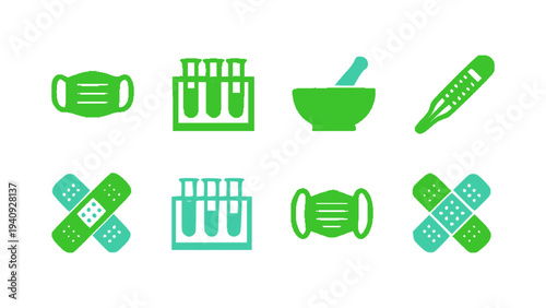 Modern medical icons including test tubes, mask, bandage, pills, and laboratory tools.
