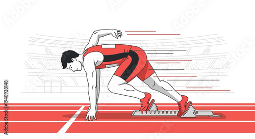 Athlete in starting blocks on a running track, ready for sprint race, dynamic motion lines