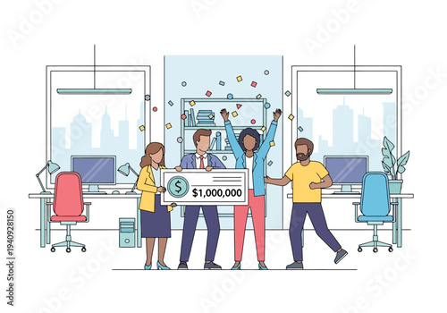 Team Celebrates Big Financial Win With Giant Check In Modern Office Environment And Falling Confetti Showing Success