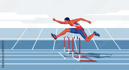 Athlete jumping over hurdles on a blue running track during a race