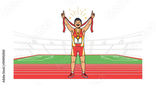 Athlete celebrates victory with medals on stadium track, pointing fingers up