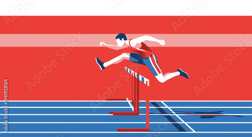 Athlete jumping over hurdles on a red and blue track during a race
