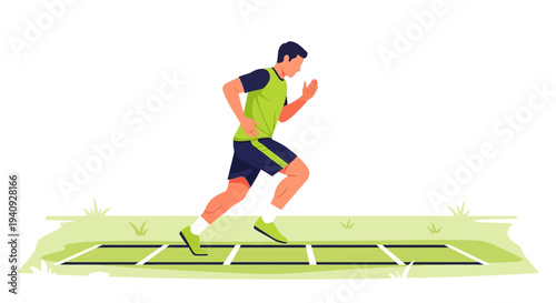 Athlete running agility drills on grass field, fitness training, speed and endurance