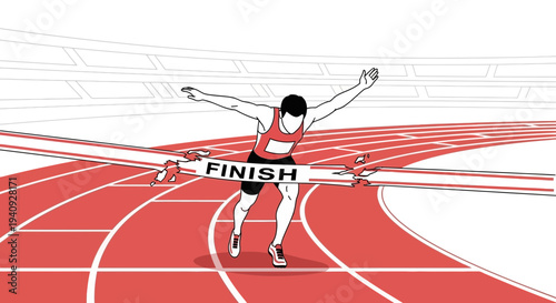 Athlete crossing finish line tape in a sprint race, victory and achievement concept