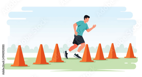 Athlete training agility course with orange cones on grass field, outdoor fitness concept