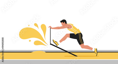Athlete jumping over laptop with yellow splashes, symbolizing digital sports and technology