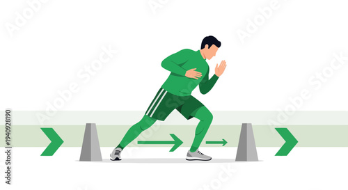 Athlete training agility drills with cones and arrows, dynamic movement