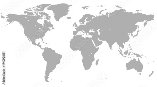 Flat Grey World Map Silhouette on White Background - Minimalist Global Atlas Vector Illustration