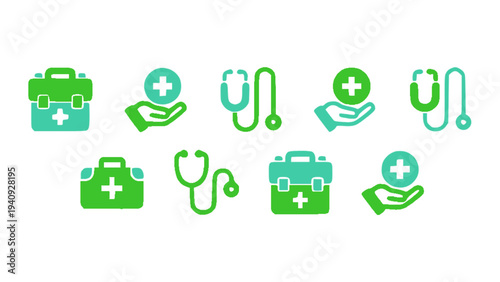 Flat medical icons including first aid kit, stethoscope, ambulance, and healthcare support symbols.