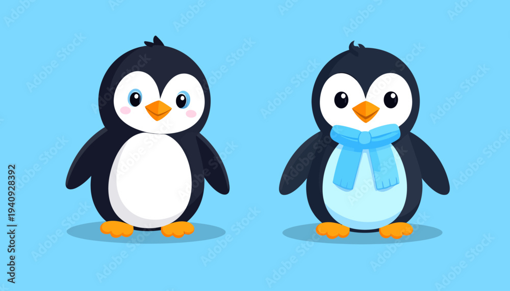 Fototapeta premium Cute Penguin Cartoon Illustration on Blue Background