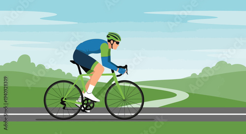 Cyclist in green and blue racing suit riding a green bicycle on a scenic road.